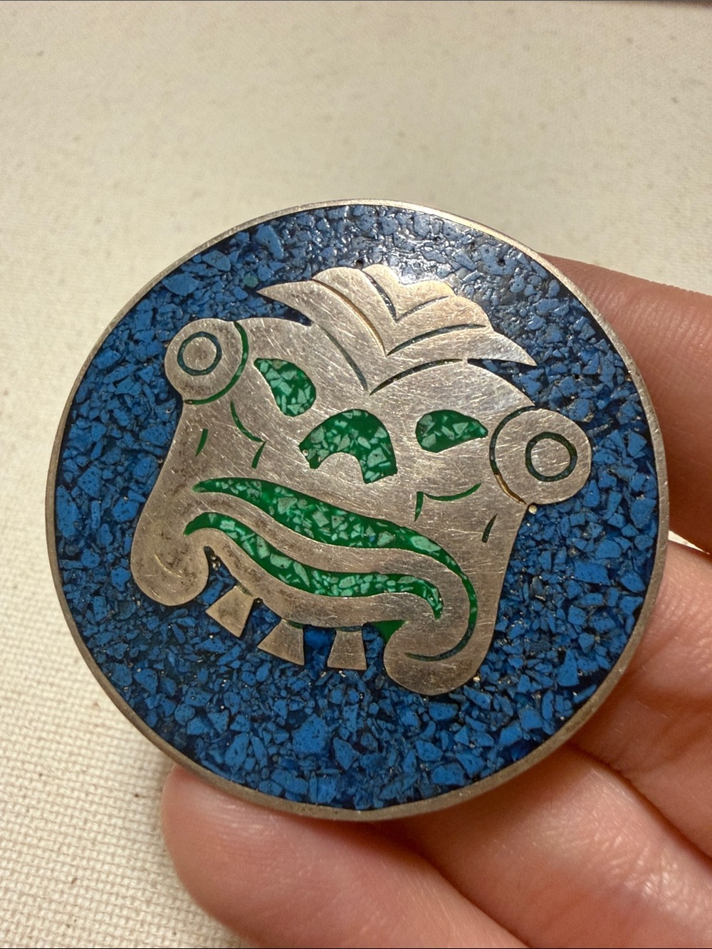 Vintage Sterling Silver 925 Mexico Tribal Face Round Inlay Brooch/Pendant - Picture 4 of 9